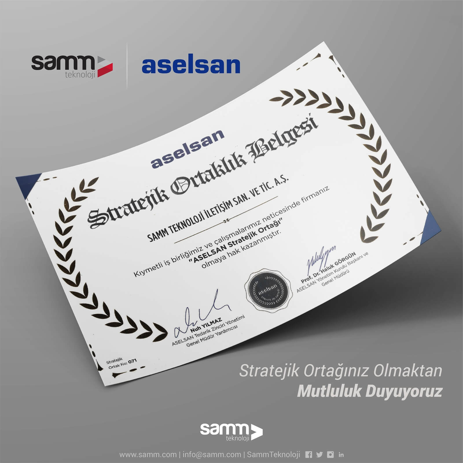 We Received a Strategic Partnership Certificate from Aselsan