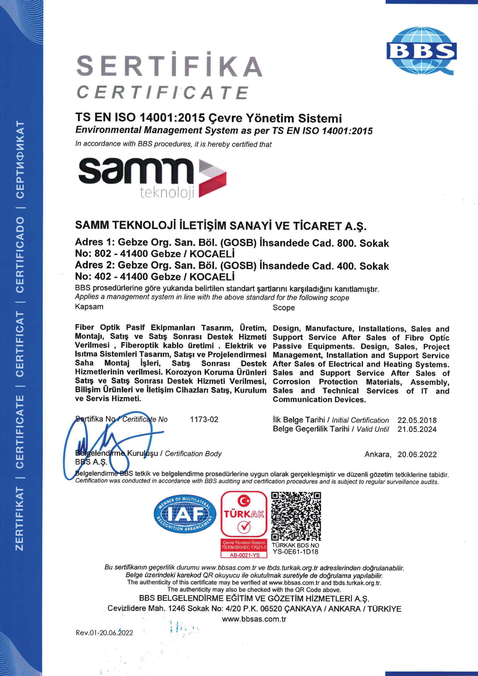 QUALITY MANAGEMENT SYSTEM CERTIFICATE ISO 14001-2015