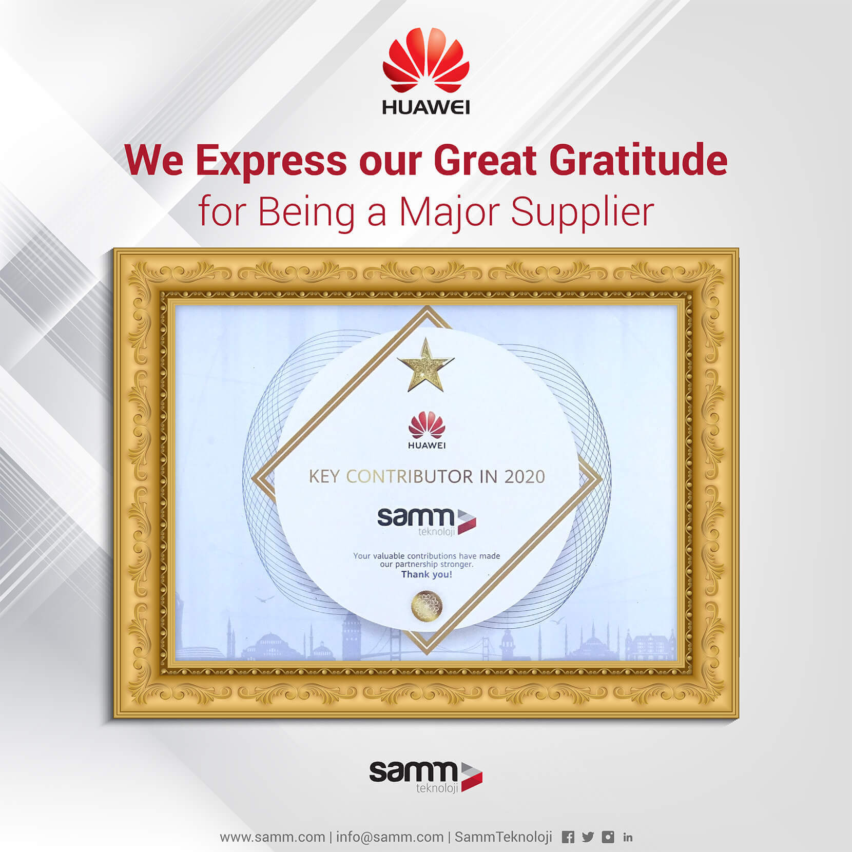 Certificate of Appreciation from Huawei to SAMM