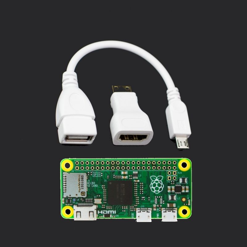 Raspberry Pi Zero with USB cable and HDMI adapter